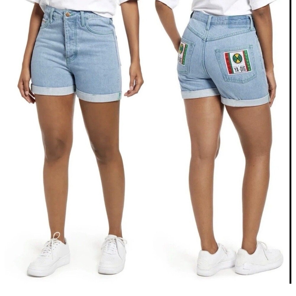 Cross Colours YA DIG Blue Denim Cuffed High Rise Logo Patch Button Fly Shorts 28